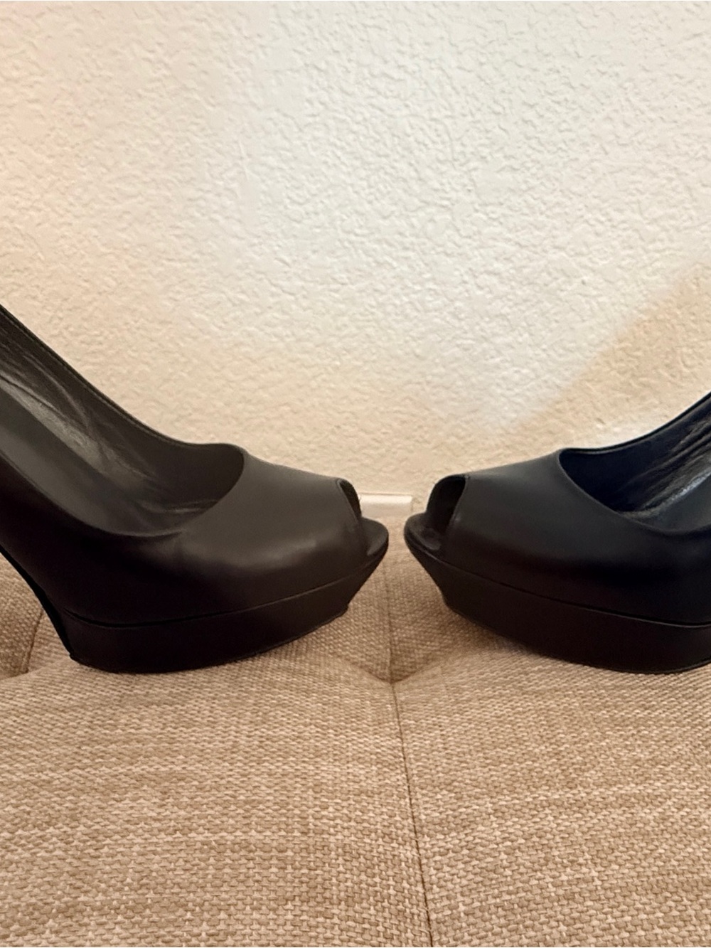 Stuart Weitzman Black Leather Peep-Toe Platform Stilettos - Picture 5 of 6